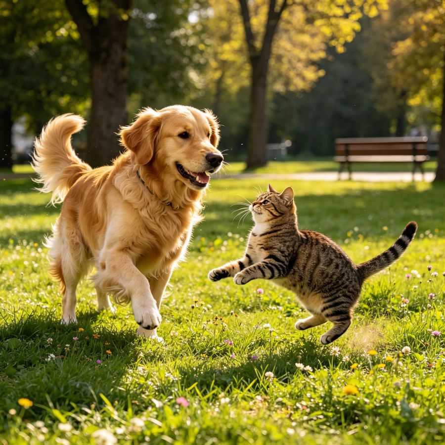Golden retriever and tabby cat resting together